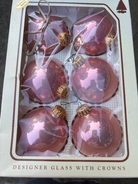 vintage glass pink Holiday ornaments with crowns made in West Germany 6 pc.retro